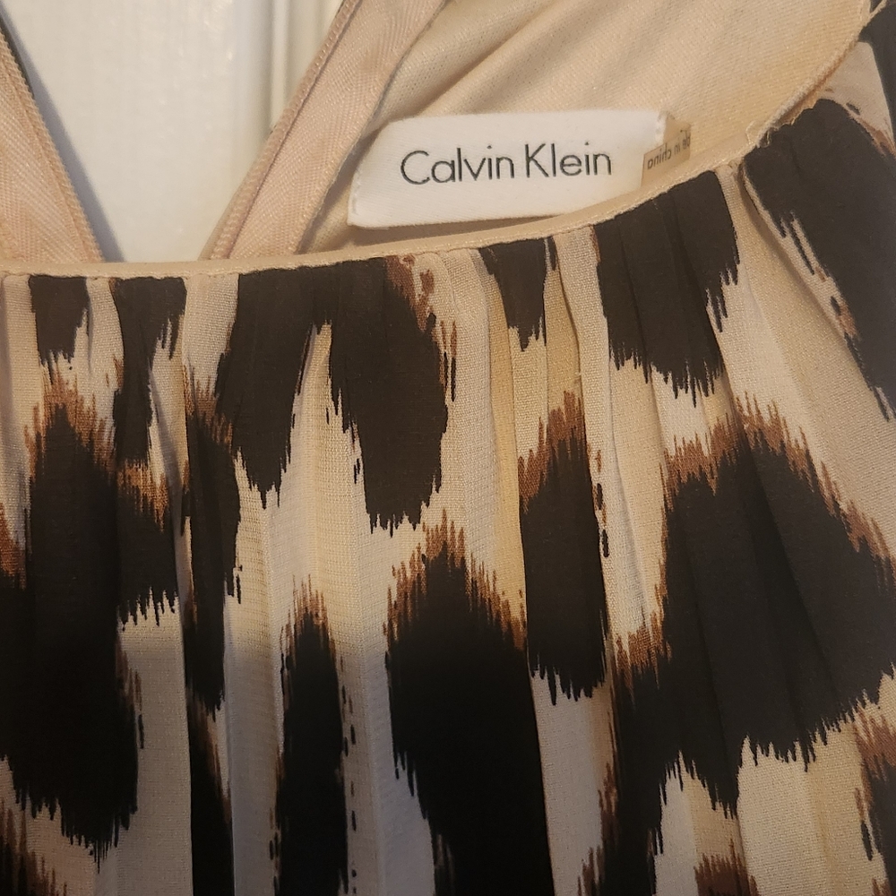 Calvin Klein Womens Pleated Animal Print Maxi Dress Spaghetti Strap
